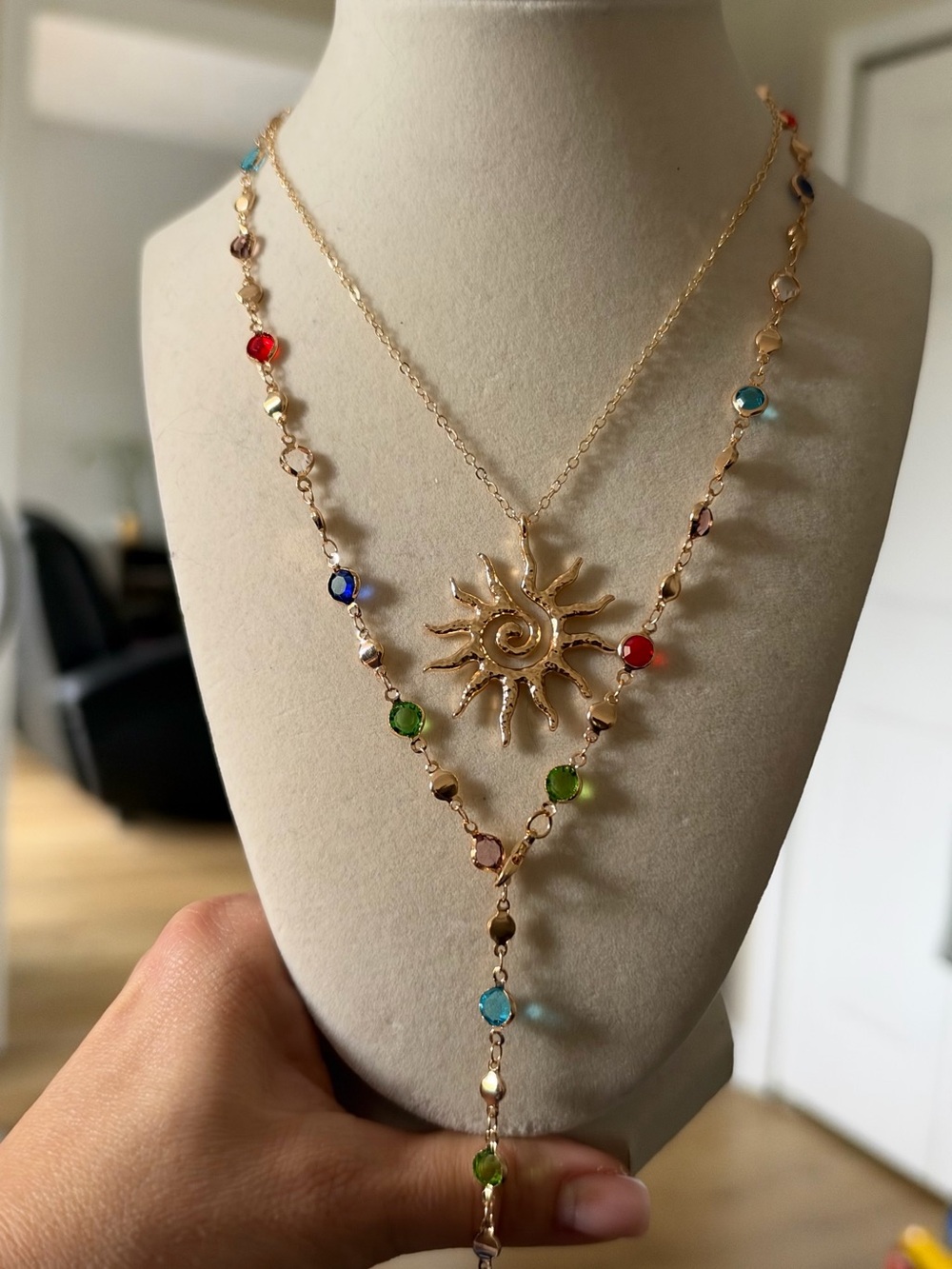 Gold Sun Pendant Multi-Color Beaded Necklace - Women Jewelry